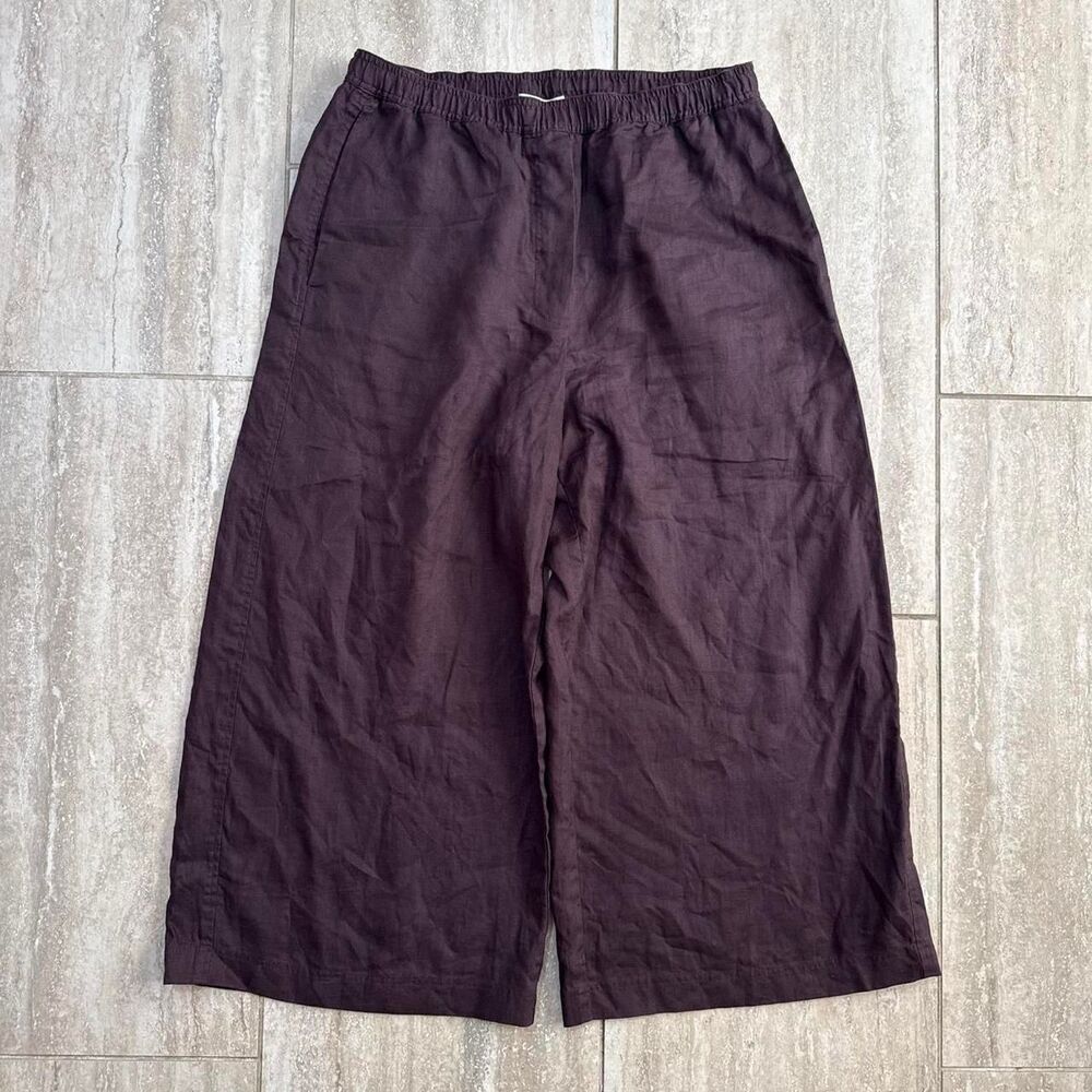 COS Linen Wide Leg Pants Plum Purple Crop Culottes Elastic Waist Quiet Luxury M